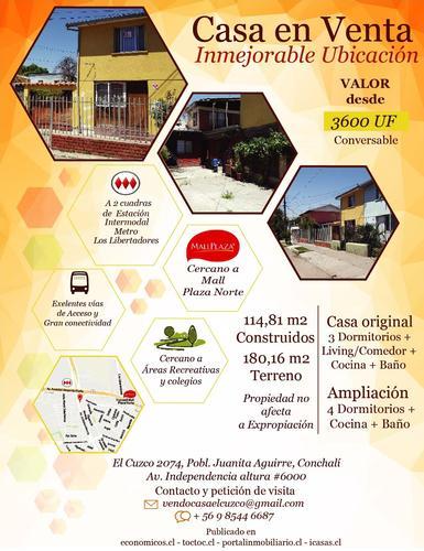 Casa en Venta Inmejorable Ubicación. El Cuzco 2074, Conchalí