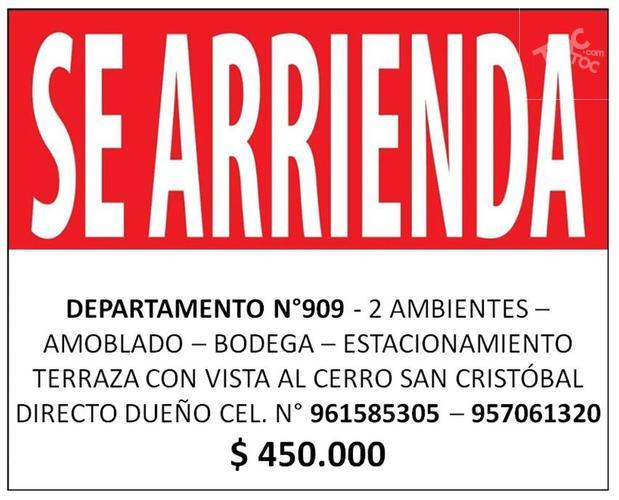 ARRIENDO DEPARTAMENTO AMOBLADO CON VISTA ESPECTACULAR AL CERRO SAN CRISTÓBAL EN CIRUJANO GUZMAN 70 DP- 909, Providencia